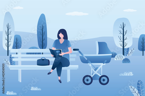 Mother or nanny walks in public park with baby carriage. Woman is sitting on bench and reading book. Spending time on nature,