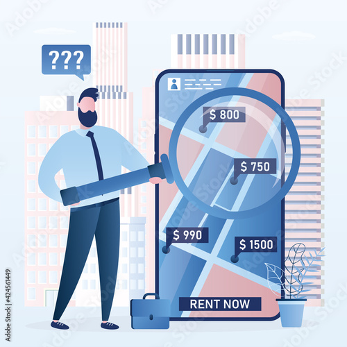 Mobile phone with app for rental. Businessman or expat search apartments or flat for rent. Male character uses magnifying glass. Screen with prices.
