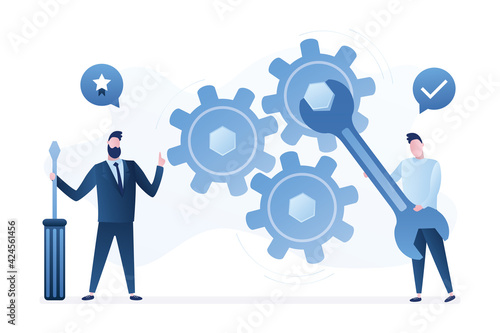Repair, support service. Male characters holds instruments. Repair team with wrench and screwdriver.