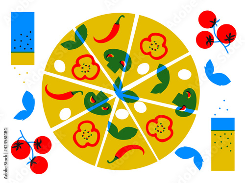 Pizza abstract vector illustration. Pizza cartoon flat banner. Pepper, tomato, cooking ingredients. Fast food abstract illustration.