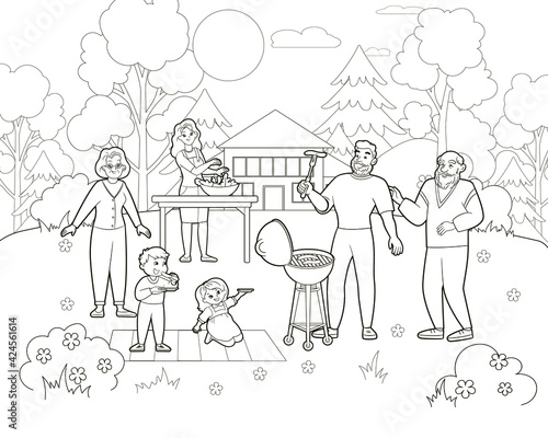 Coloring book happy family, grandfather, grandmother, their children and grandchildren are grilling, barbecue from sausages on the lawn near the house.Vector illustration, black and white line art