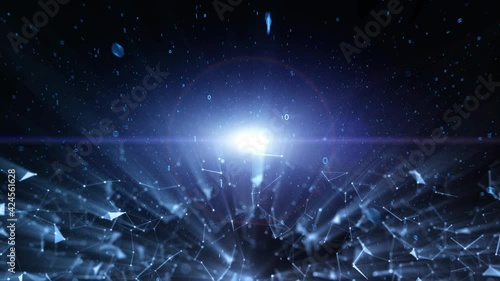 Futuristic modern space with bright light lens flare and flying binary numbers. Dark background with geometric particles.
