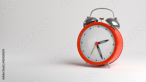 An orange alarm clock stands on a white background. 3D render.