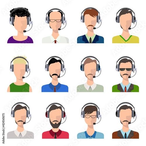 Vector male and female call center avatars in a flat style with a headset, conceptual of business communication. Avatars with a headphones and microphones set vector illustration.