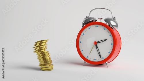 Alarm clock and coins. Gold coins fall down. 3D render.