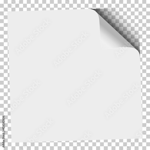 Sheet of white paper with curled corner and soft shadow placed on transparent background. Element with space for text, ad and other aims. Template paper design. Vector illustration.