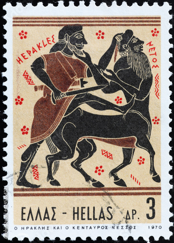 Hercules and centaur NessuS on greek postage stamp