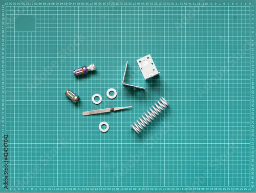 metal engineering spare parts details flat lay, tools and equipment project