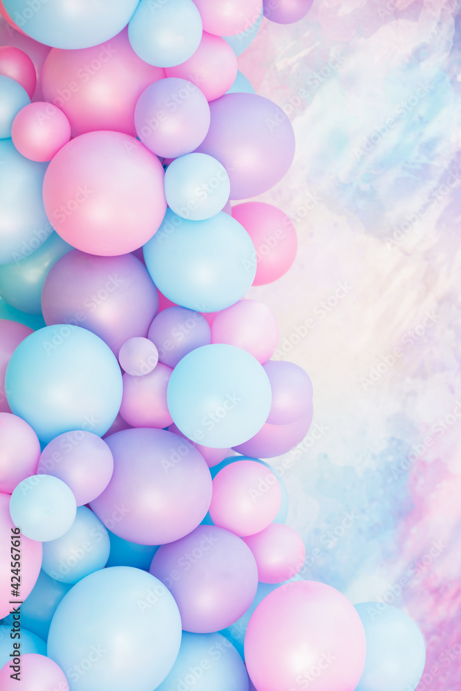 Colorful balloons background, punchy pastel colored and soft focus. pink  and mint balloons photo wall birthday decoration. Pink background Copy  space. Web banner. Wedding party. Stock Photo | Adobe Stock