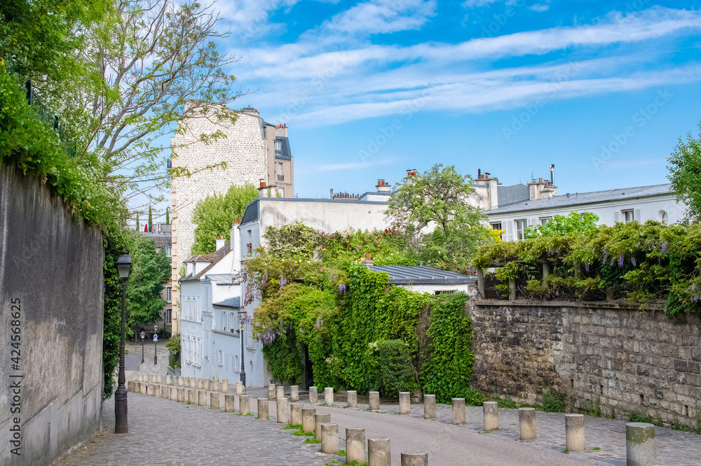 Obraz premium Paris, typical cobblestone street of Montmartre, a house with a beautiful garden