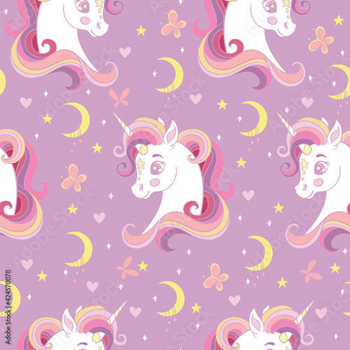 Seamless pattern heads of unicorn and moon pink