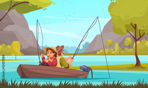 Vacation Fishing Cartoon Composition