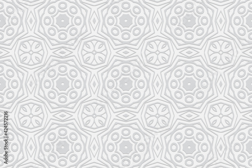 Volumetric convex white background. Ethnic African, Mexican, Native American style. 3D relief ornament. Geometric stylish pattern for presentations, textiles, wallpapers.