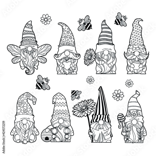 Set gnomes with honey and bees, hello spring summer, honey jar, gnomes with a daisy, gnome bee, hive cartoon characters dwarves vector linear art for printing greeting cards and coloring books