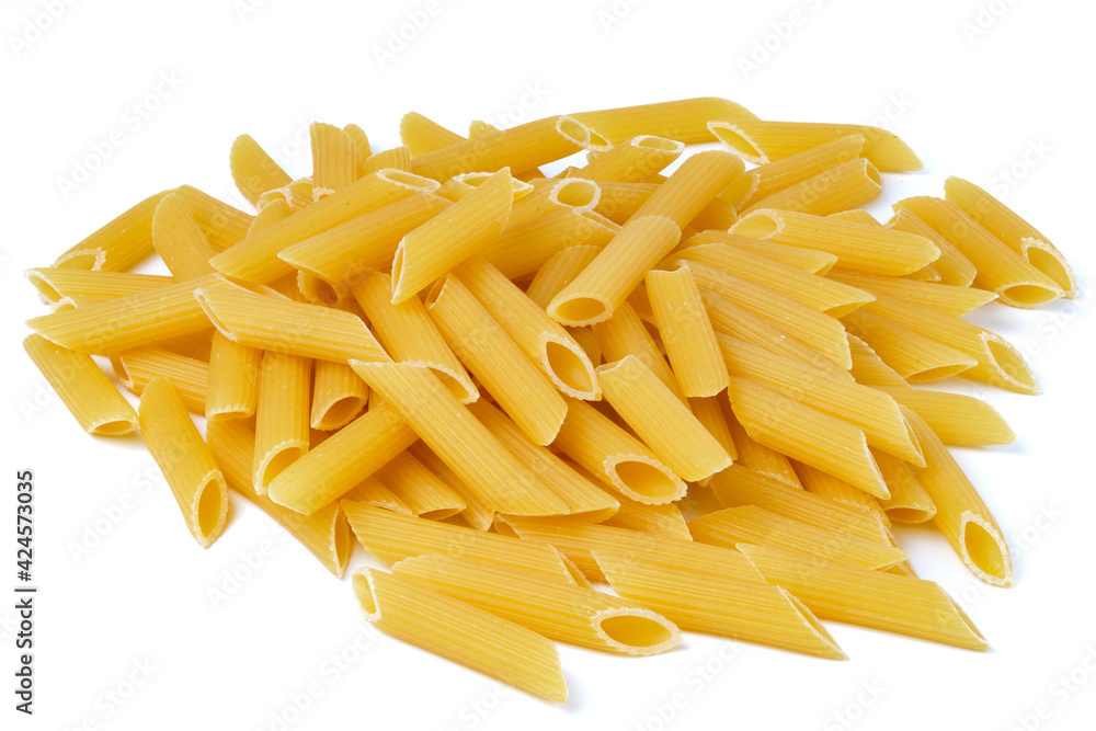Pile of traditional italian pasta penne rigate isolated on white background