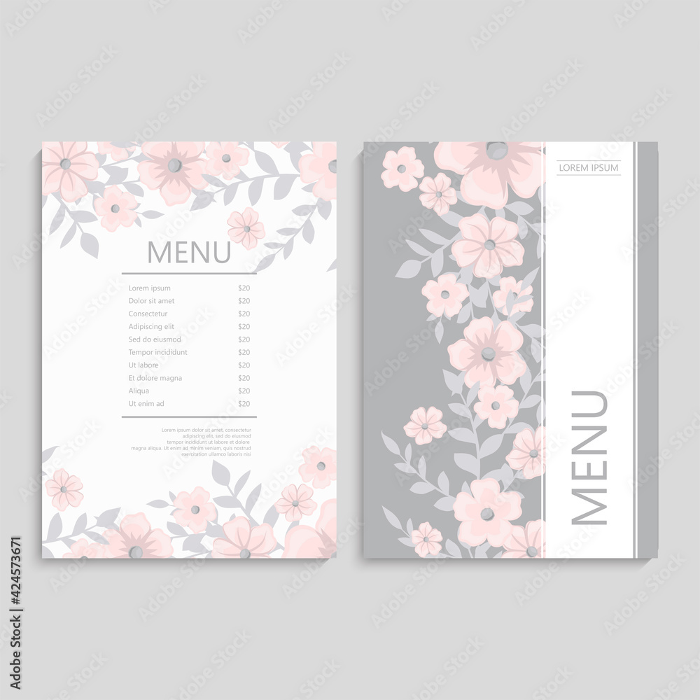 Cafe menu, template design with flowers. Vector illustration.