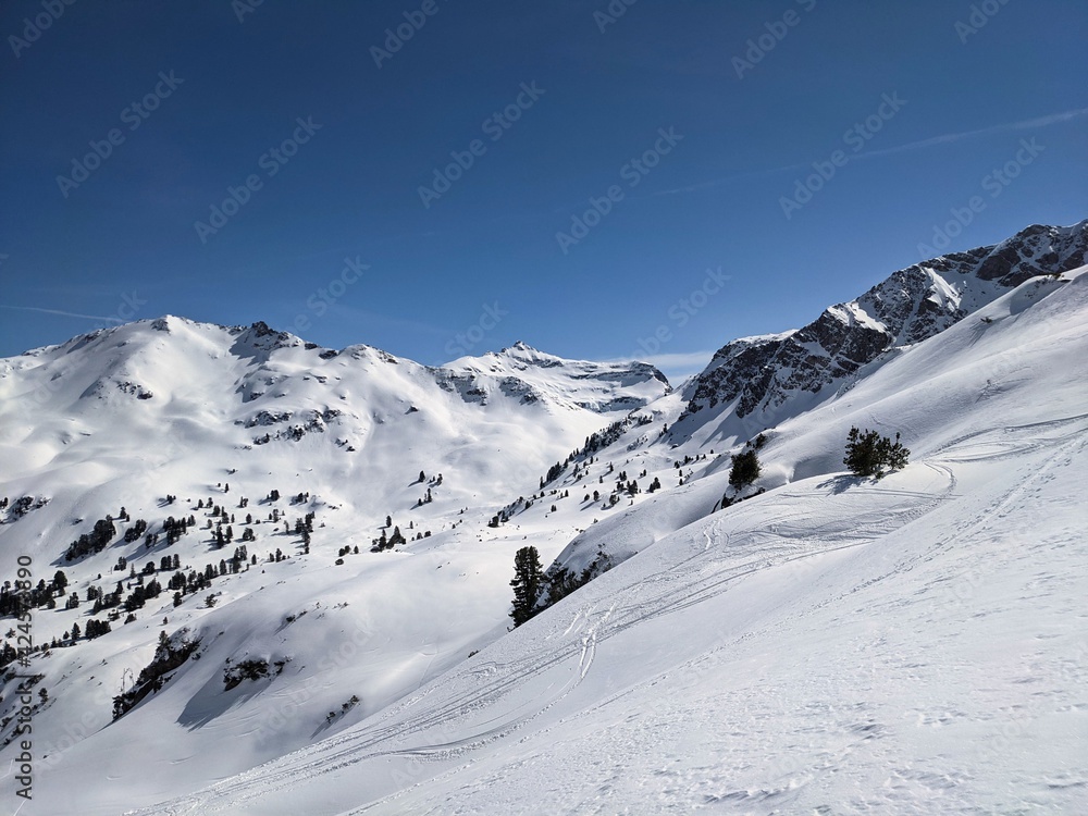 beautiful snowy mountain peaks. Winter panorama in the canton of Glaurs, Murgsee, Murtschen Valley. Skimo mountaineering