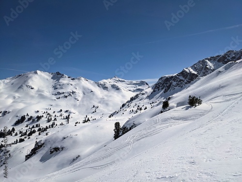 beautiful snowy mountain peaks. Winter panorama in the canton of Glaurs, Murgsee, Murtschen Valley. Skimo mountaineering photo