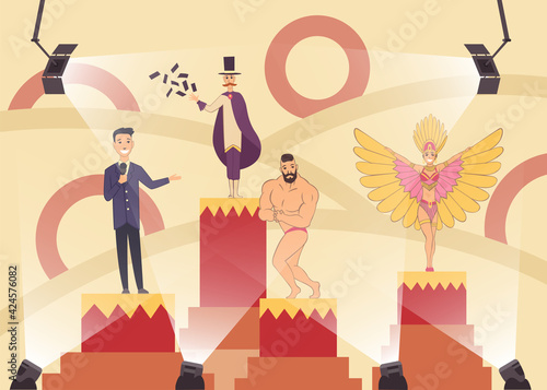 Television show with cabaret singer or brazilian showgirl, bodybuilder shows biceps, young performer and illusionist who shows tricks with playing cards. Cartoon characters in the spotlight on stage