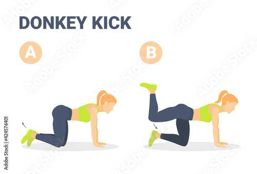 Donkey Kick Female Home Workout Exercise Guide. Colorful Concept of Young Woman Kick Back and Up.