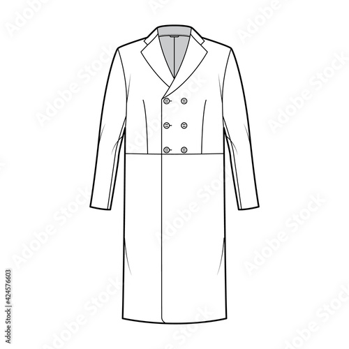 Edwardian Frock jacket technical fashion illustration with long sleeves, three quarter knee length, double breasted. Flat coat template front, white color style. Women, men, unisex top CAD mockup