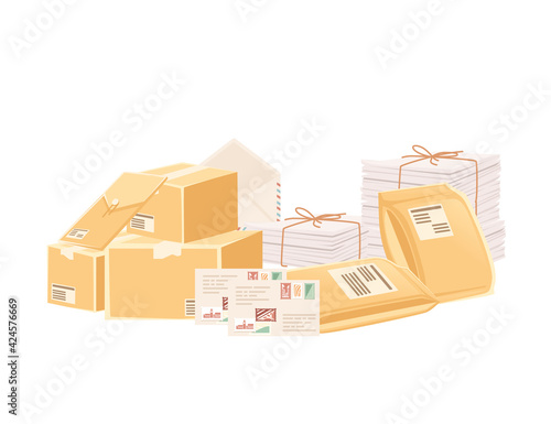 Stack cardboard and paper postal correspondence vector illustration on white background