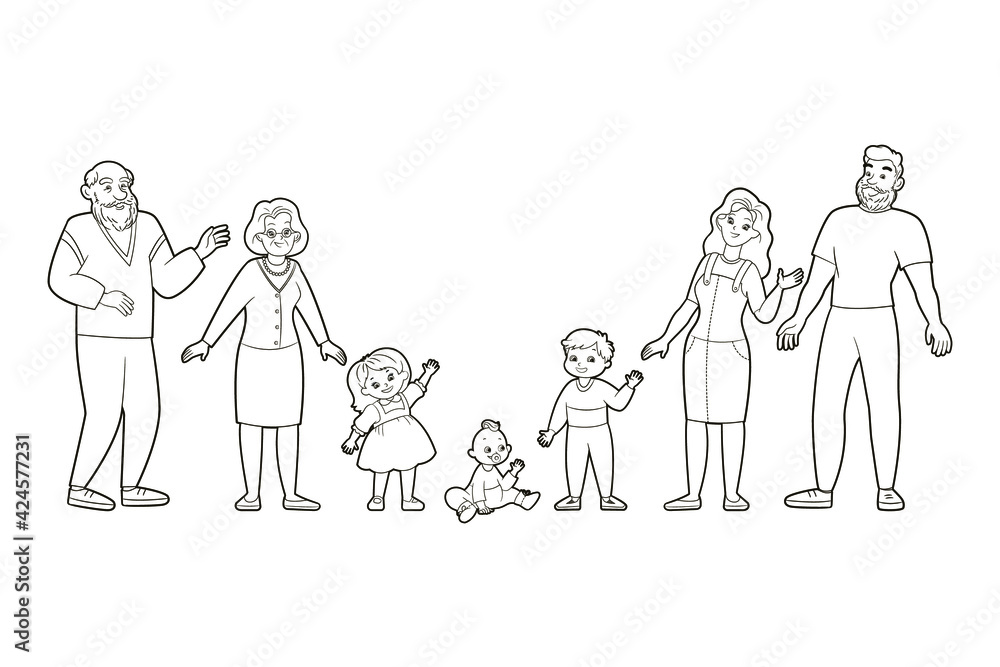 A set of family figures - grandmother, grandfather, dad, mom, son, daughter and baby. Coloring book for children, vector illustration in cartoon style, black and white isolated line art. A set of family figures - grandmother, grandfather, dad, mom, son, daughter and baby. Coloring book for children, vector illustration in cartoon style, black and white isolated line art.
