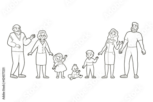 A set of family figures - grandmother, grandfather, dad, mom, son, daughter and baby. Coloring book for children, vector illustration in cartoon style, black and white isolated line art.
