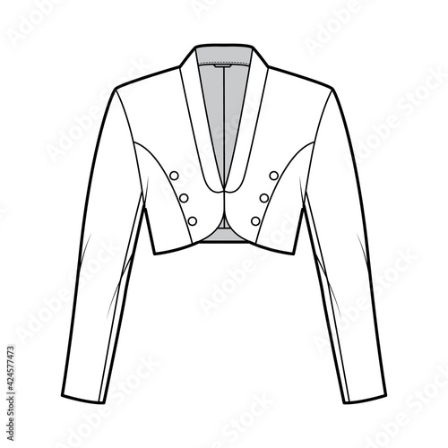 Bolero jacket technical fashion illustration with crop waist length, long sleeves, shawl collar, button closure. Flat blazer template front, white color style. Women, men, unisex top CAD mockup