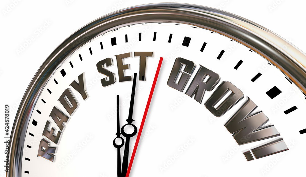 Ready Set Grow Clock Time to Achieve Growth Success 3d Illustration Ready Set Grow Clock Time to Achieve Growth Success 3d Illustration