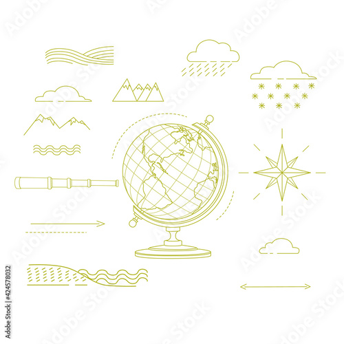 Outline style Geography science courses online education concept or school lesson vector illustration on white background