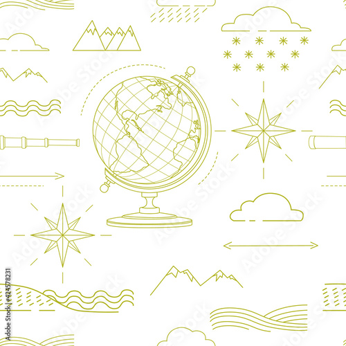 Seamless pattern outline style Geography science icons courses online education concept or school lesson vector illustration on white background