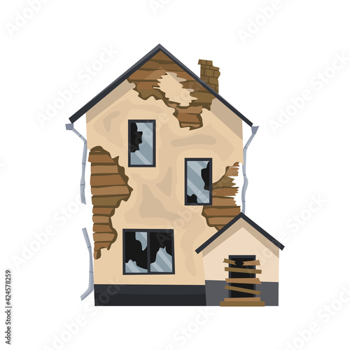 Old weathered house or dwelling. Abandoned home in bad condition. Bad old trouble building with damaged roof, shabby walls and exterior. Isolated neglected property