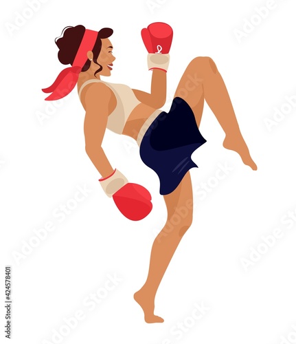 Young adult woman in red boxing gloves and red shorts. Strong kick. Sport girl fighting isolated on white background. Trendy hand drawn cartoon vector flat illustration for gym, boxing or kickboxing.