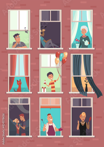 Collection of windows with people. Apartment building with peoples in open windows spaces. Outer wall of house with neighbors. Human life concept. Blocks of flat house friendship concept