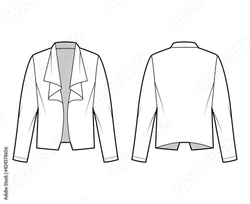 Roomy jacket technical fashion illustration with oversized, long sleeves, wrap collar opening. Flat coat template front, back, white color style. Women, men, unisex top CAD mockup
