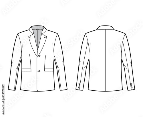 Tyrolean jacket tuxedo technical fashion illustration with long sleeves, stand lapel collar, welt pockets. Flat Austrian coat template front, back, white color style. Women, men, unisex top CAD mockup