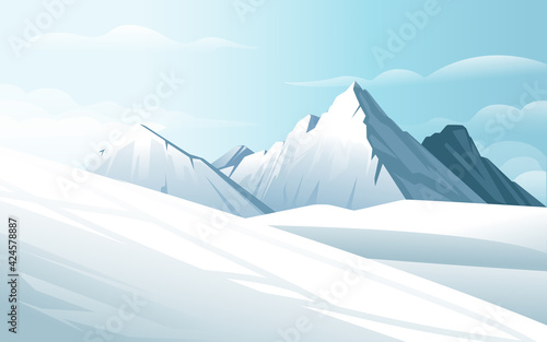 Horizontal winter mountain landscape with clear sky mountains covered snow vector illustration