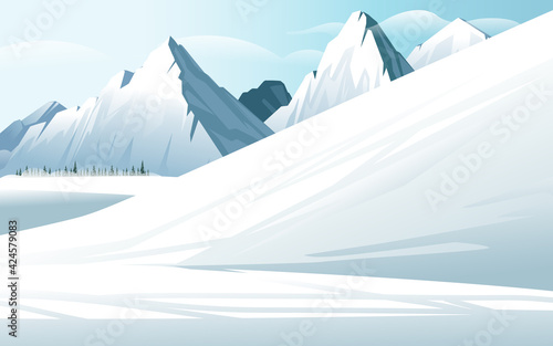 Horizontal winter mountain landscape with fir forest and show mountains covered snow vector illustration