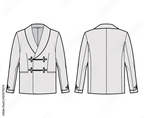 Smoking jacket technical fashion illustration with double breasted, long sleeves, shawl collar, besom pockets. Flat pajama top coat template front, back grey color style. Women, men, unisex CAD mockup