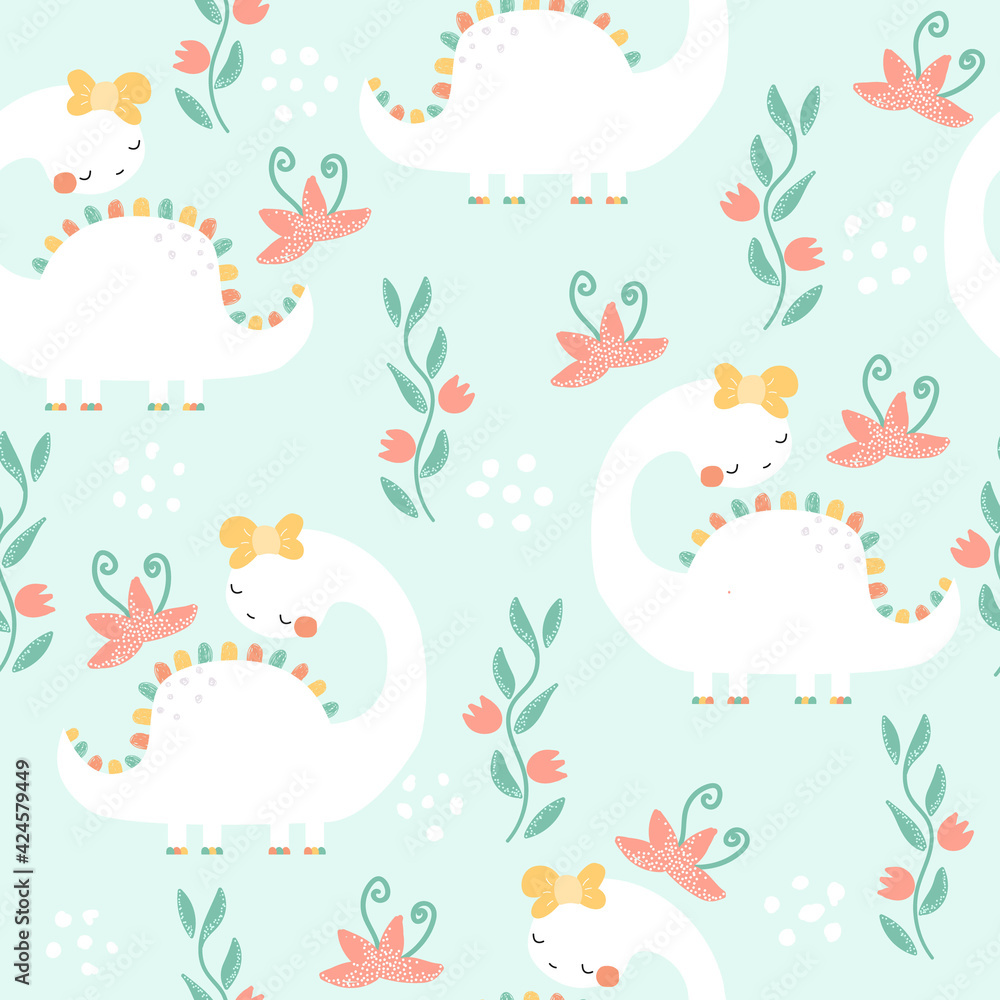 Seamless pattern with cute white dinosaur and plant. Childish print. Vector hand drawn illustration.