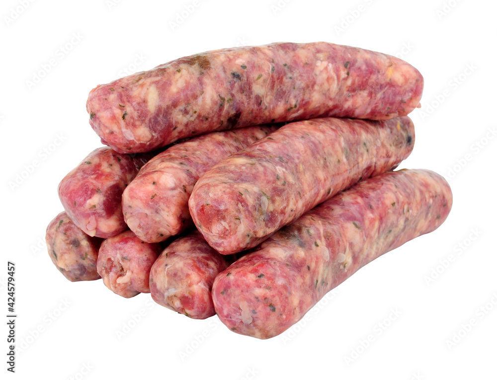 Group of raw Aberdeen Angus beef sausages isolated on a white background Group of raw Aberdeen Angus beef sausages isolated on a white background