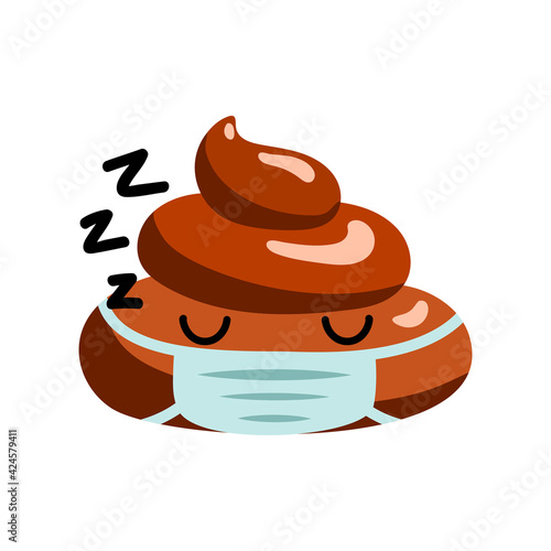 Sleeping shit or turd wearing medical mask emoji vector icon as concept for coronavirus prevention and other diseases as flu, air pollution, contaminated air. Isolated illustration