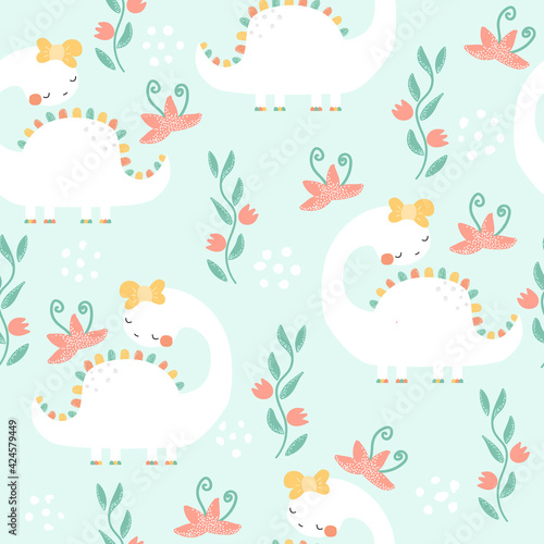 Seamless pattern with cute white dinosaur and plant. Childish print. Vector hand drawn illustration.