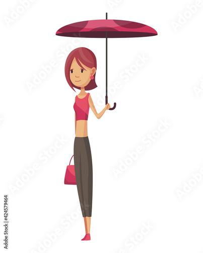 Bad windy rainy weather funny cartoon people icon. Woman with umbrella standing under rain. Character with parasol