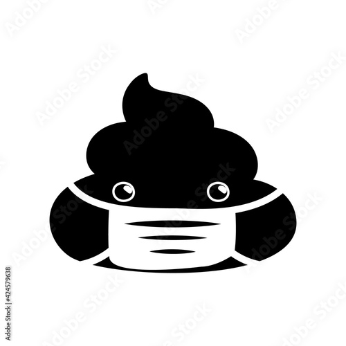 Shit or turd wearing medical mask emoji vector icon as concept for coronavirus prevention and other diseases as flu, air pollution, contaminated air. Black monochrome vector illustration