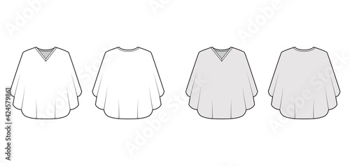 Poncho coat technical fashion illustration with V-neck collar, oversized trapeze body, fingertip length. Flat jacket template front, back, white, grey color style. Women, men, unisex top CAD mockup