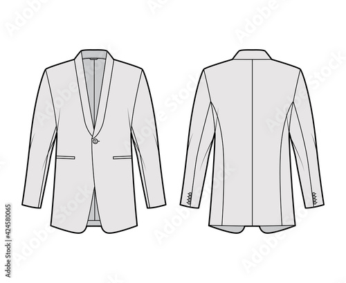 Dinner jacket tuxedo suit technical fashion illustration with long sleeves, shawl lapel collar, welt pockets, regular front cut. Flat coat template back, grey color style. Women, men, top CAD mockup