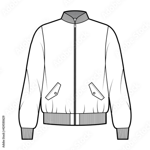 Tela Zip-up Bomber ma-1 flight jacket technical fashion illustration with Rib baseball collar, cuffs, waistband , oversized, flap pockets