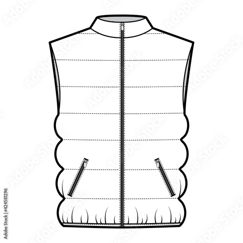 Down vest puffer waistcoat technical fashion illustration with sleeveless, stand collar, zip-up closure, pockets, oversized body. Flat template front, white color style. Women, men, unisex CAD mockup